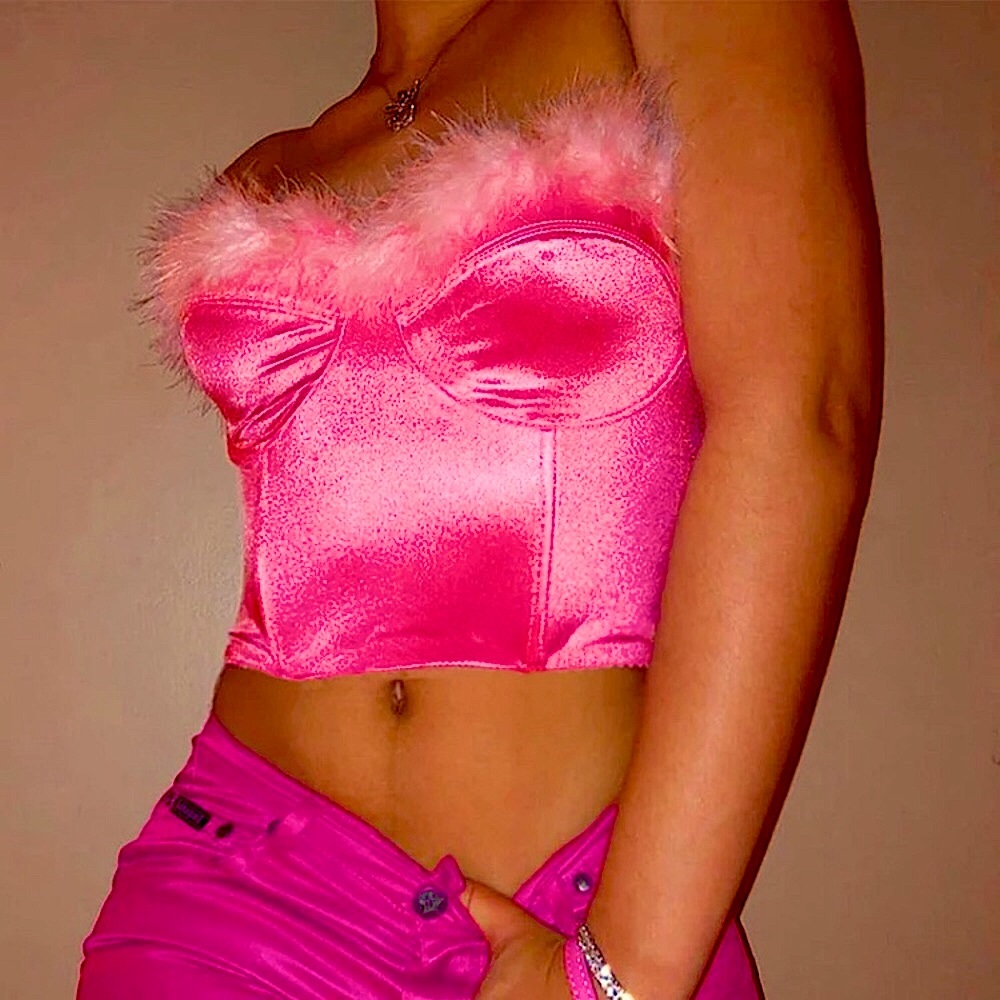 Neon pink feather trim strapless cropped tube top